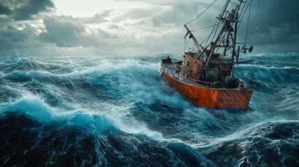 Obraz premium Navigating the Rough Seas Aboard a Fishing Vessel with High Waves Crashing Against the Ship