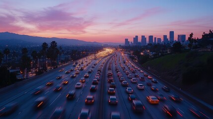 Obraz premium Timelapse Photo of a Busy Freeway Interchange with Flowing Traffic Lights at Dusk