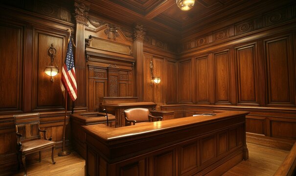 Elegant and traditional wooden courtroom interior with judge's bench, witness stand, and American flag symbolizing justice and legal proceedings, Generative AI