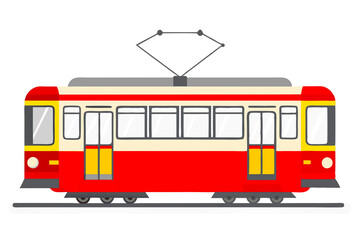 Red cheerful electric tram. City transport