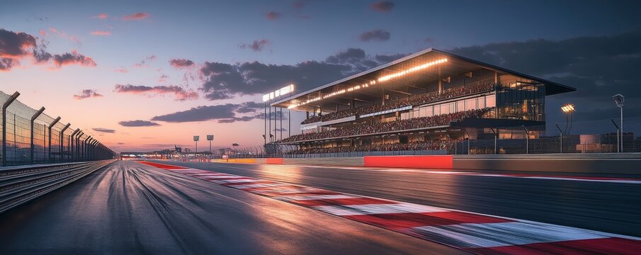 The finish line of an asphalt racetrack and a lighted race stadium at night. professional drawing of racing sports in digital 3D - Generative AI