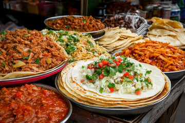 Obraz premium Fresh Street Food Being Prepared, Such As Pupusas Filled With Cheese And Beans, Garnished With Pickled Cabbage And Salsa