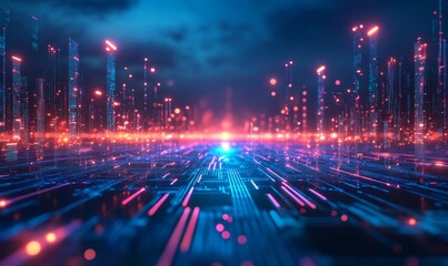 Abstract Futuristic Technology Concept with Glowing Lights and Bokeh Effect on Circuit Board at Night, High Tech Innovation and Data Flow in Digital, Generative AI