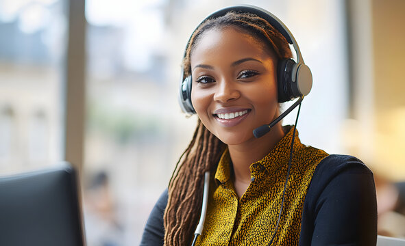 African woman, call center agent or smile with voip for consulting, listening or contact us in office. Female consultant, customer service or tech support crm with headphones, microphone or help desk