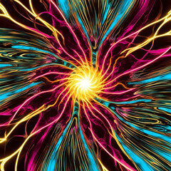 Textile pattern in vibrant blue, orange, and green colors with magical illustration