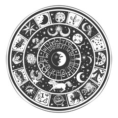 Circular Zodiac Chart with Black and White Illustrations of Zodiac Signs, Celestial Bodies, and Stars