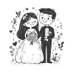 Cartoon illustration of a bride and groom with floral accents