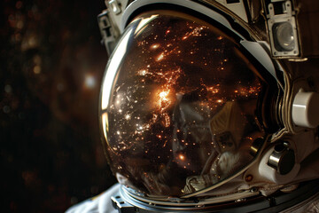 An astronaut's helmet reflects a stunning array of stars and galaxies, showcasing the vastness of space during a mission to explore the universe