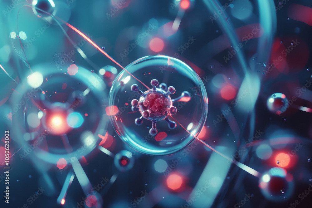 Poster a detailed microscopic view shows a virus at the center, surrounded by glowing particles and energy,