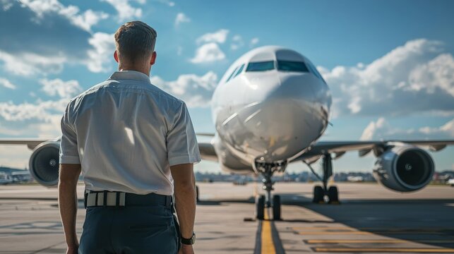 A pilot inspecting the airplane before flight, attention to detail and safety