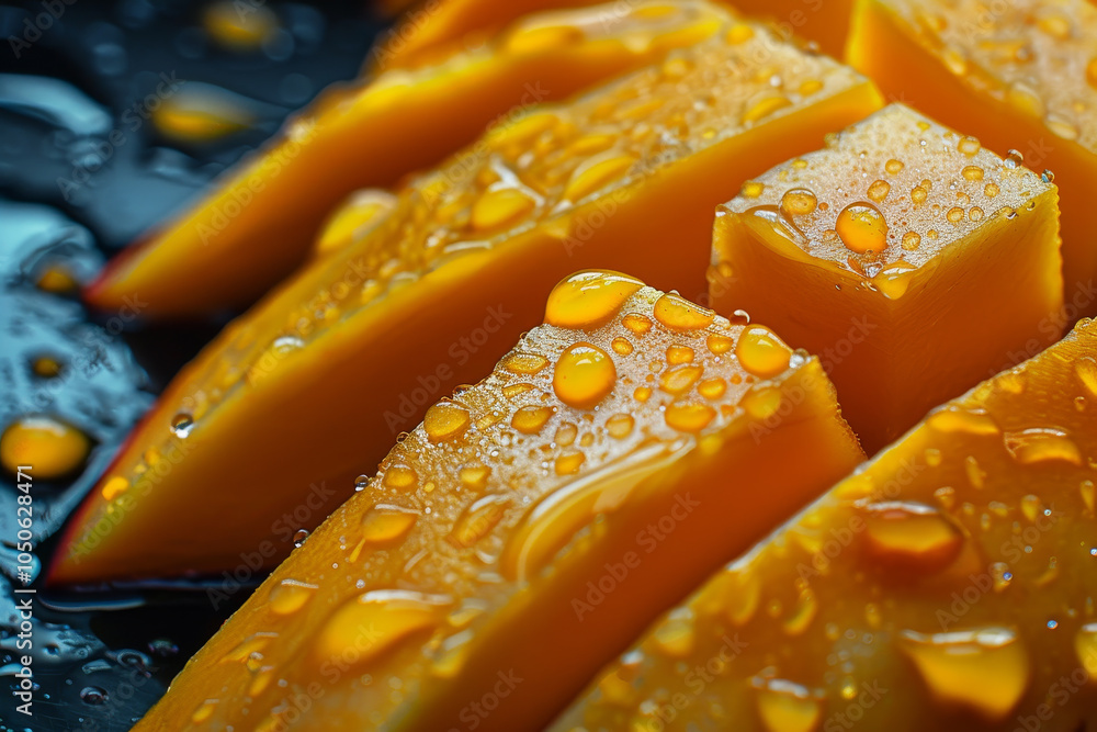 Poster juicy mango slices are cut into triangular shapes, adorned with shimmering droplets of water, creati