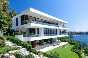 Fototapeta premium external view, modern white luxury apartment building in Sydney, near the ocean, very large balconies with glass railings, contemporary facade, roof top garden, generative ai