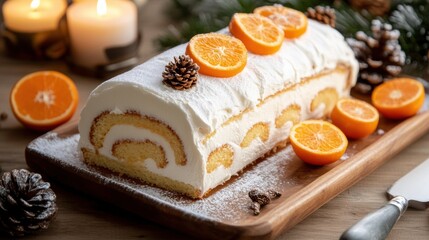 Festive Yule log cake adorned with fresh mandarin slices and pinecones, AI