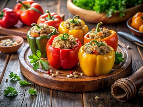 Delicious Dolma Biber: Stuffed Peppers with Rice and Spices in a Rustic Setting