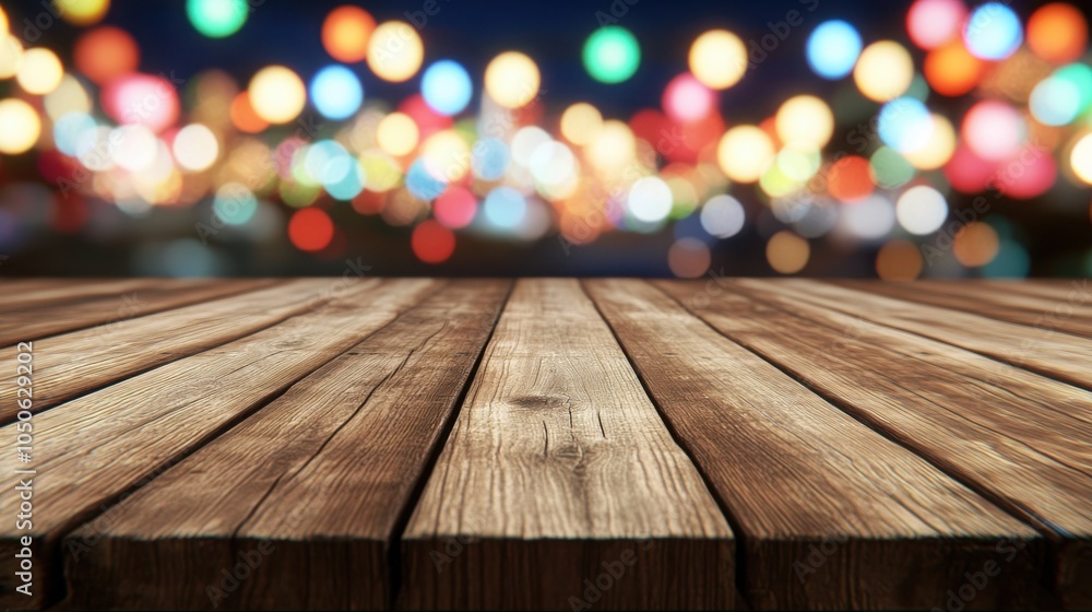 Poster rustic wooden surface with colorful bokeh background