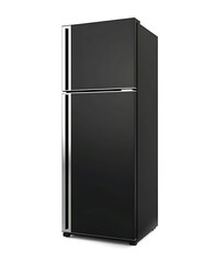 Sleek black refrigerator isolated on white background