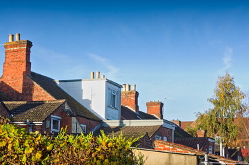 House rooftops with autumn trees and blue sky 