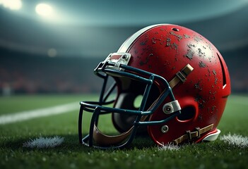 A red dirty American football helmet on the green field with spotlight background