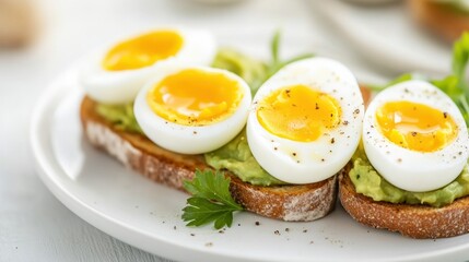 Avocado toast topped with perfectly cooked soft-boiled eggs on a white plate, AI