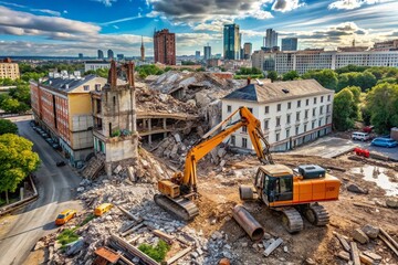Demolition of Building in Moscow: Excavator at Work for New Construction Project