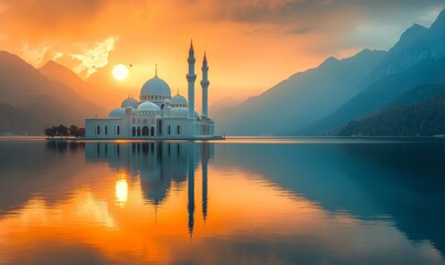 Obraz premium Majestic Mosque at Sunset Reflecting on Tranquil Lake Amidst Mountains, Generative AI