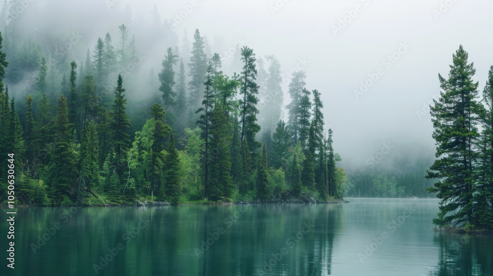 Poster a tranquil view of a secluded lake in canada with lush pine forests surrounding it and a misty morni