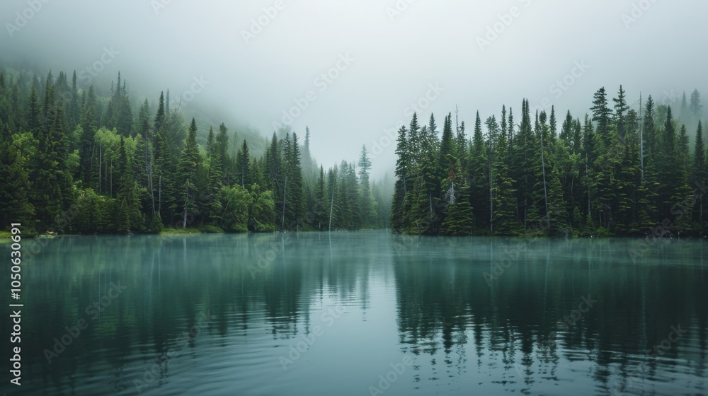 Poster a tranquil view of a secluded lake in canada with lush pine forests surrounding it and a misty morni
