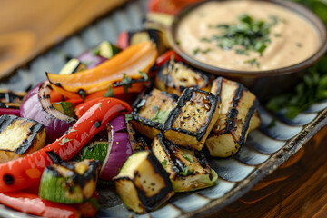 Colorful grilled vegetables, including peppers, zucchini, and onions, are arranged alongside charred tofu and a rich dipping sauce, perfect for summer gatherings