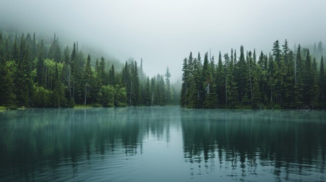 A tranquil view of a secluded lake in Canada with lush pine forests surrounding it and a misty morning fog, serene setting with soft greens and blues, Wilderness style