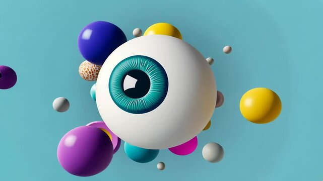 Giant floating eyeball colorful spheres on turquoise background