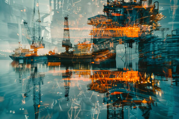 Heavy machinery rests on the water's surface as twilight casts a glow on oil drilling platforms, reflecting the advancements in the maritime industry