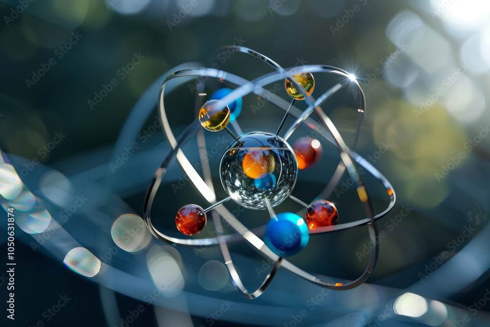 Poster this artistic representation showcases an atom model with vibrant electrons revolving around a shiny