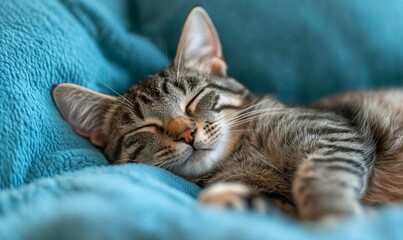 Fototapeta premium Gray Tabby Cat Relaxing on Blue Background, Looking at Camera, Expressive Pose, Animal Photography, Cute Domestic Feline, Calm and Serene Moment, Ideal for Pet Love and Feline, Generative AI