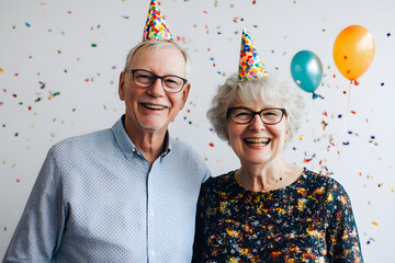 Senior couple celebrating birthday at the party, with confetti and balloons