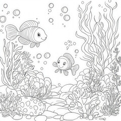 Fototapeta premium Underwater scene with colorful fish and coral, coloring page for kids, simple outline illustration. Coloring book, simple lines.