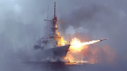 Warship launching missiles during a naval exercise in turbulent waters at dusk