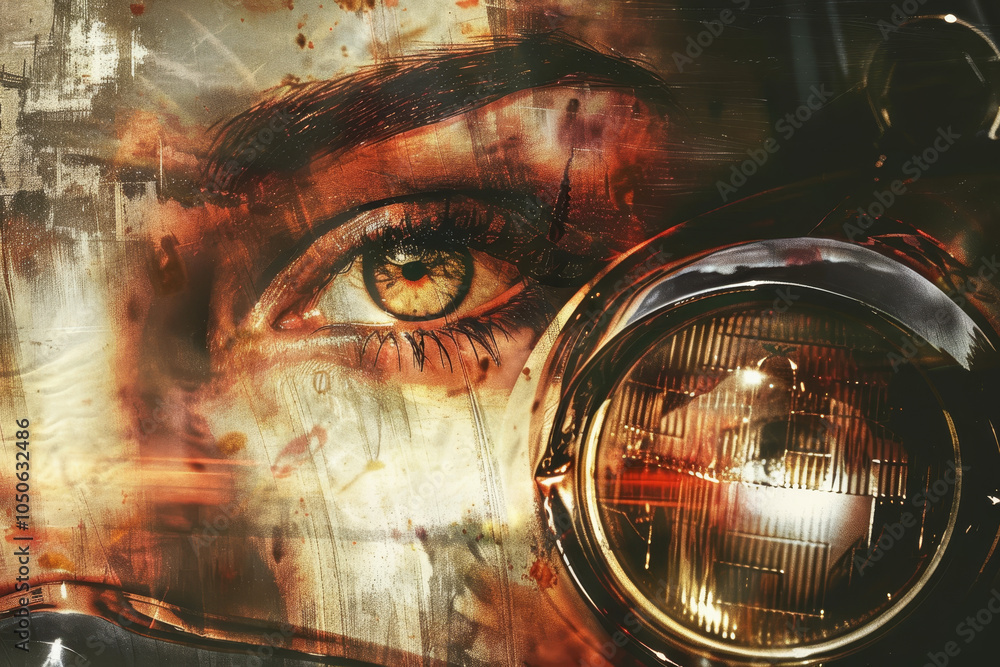 Poster an intense gaze emerges from a close-up view of an eye illuminated by a vintage light. the backgroun