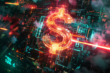Obraz premium A vibrant digital landscape showcases a glowing dollar sign, symbolizing modern finance. The intricate background features circuit patterns, reflecting the evolution of currency in technology