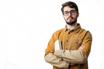 Obraz premium Young adult male student is standing on a white background holding books and crossing his arms