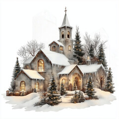 A quaint, snow-covered church surrounded by trees, adorned with warm lights, evoking a serene winter atmosphere.