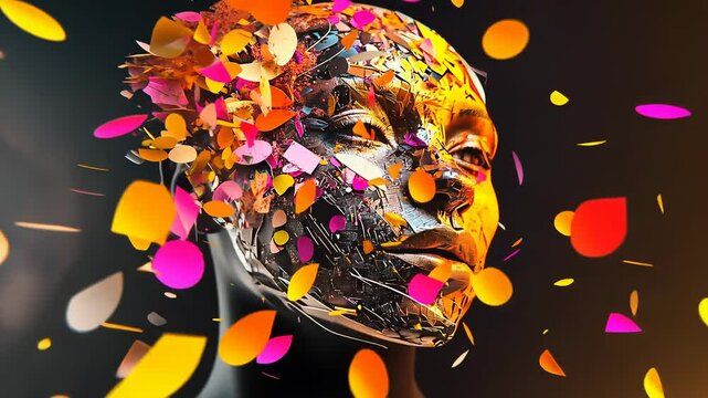 Colorful digital explosion of human head concept with particles