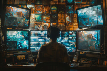 Obraz premium A dedicated gamer, wearing headphones, focuses intently on a multi-screen display filled with various game visuals, surrounded by a cozy home environment at night
