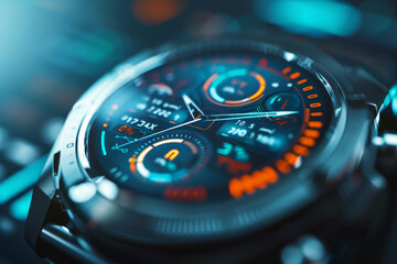 A sleek smartwatch features a dynamic display with colorful metrics and notifications, showcasing advanced technology in a contemporary setting