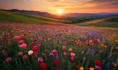 Vibrant Multi-Colored Flower Fields Under Radiant Sunset with Rolling Hills in the Distance, Iconic Landscape Photography for Serene Nature and Scenic, Generative AI