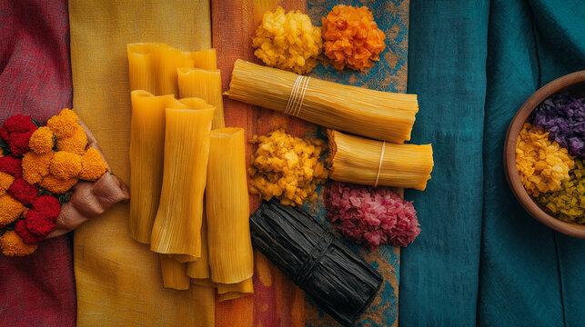 Wallpaper With A Textured Background Of Woven Mexican Textiles, Overlaid With Colorful Images Of Street Food Like Elote And Tamales