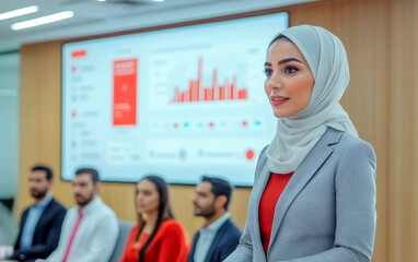 Obraz premium Confident Muslim Female Leader Overseeing a Business Meeting in a Modern Corporate Conference Room Setting