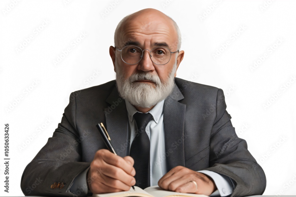 Poster experienced businessman with a gray beard and glasses is sitting at a table and writing in a noteboo