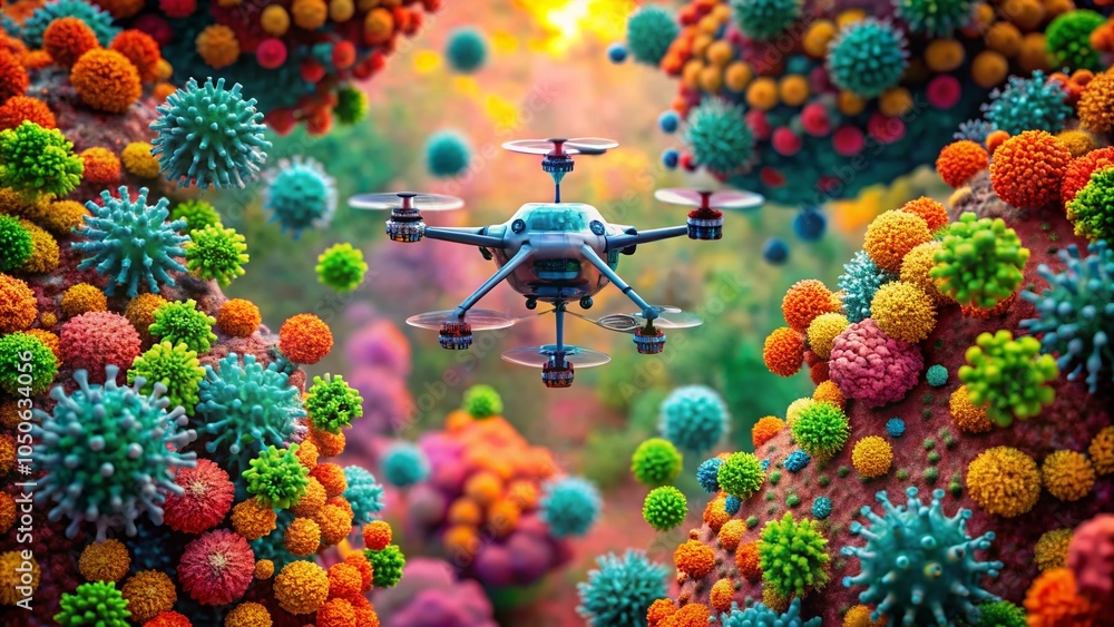 Poster drone photography of cyclical camera movement through virus structures for scientific visualization