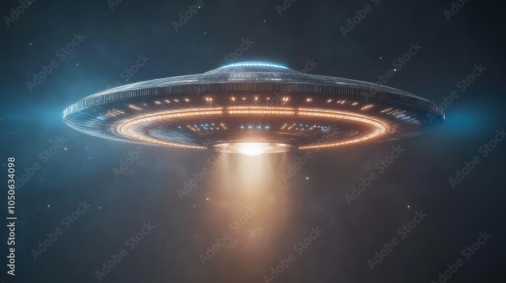 Poster a futuristic ufo hovering in space, emitting light from its underside.