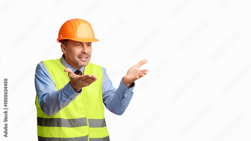 Poster Building Problem. Discontented Construction Worker Gesturing Emotionally Posing On White Studio Background. Panorama, Free Space